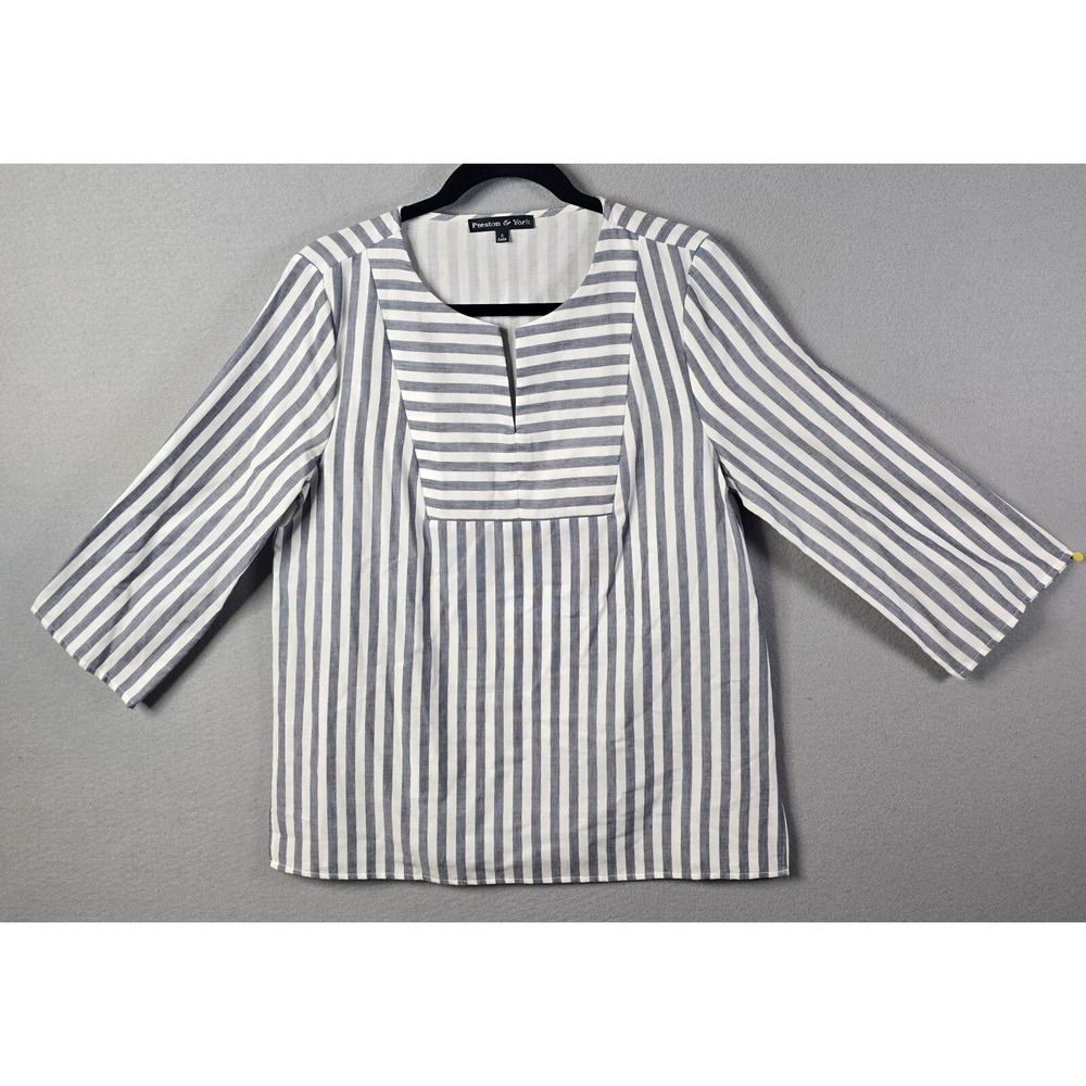 Preston & York Tunic Blouse Womens Small Stripe Cotton Split Neck 3/4 Sleeve Top